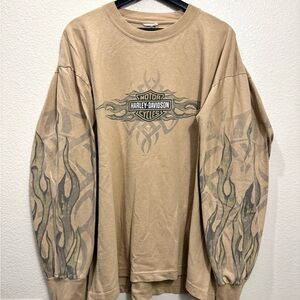 Vintage Harley Davidson Tan Tribal Flaming Grunge Skater Long Sleeve XL 25x28